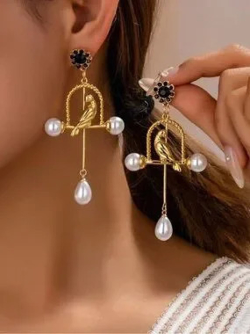 Vintage Gold Birdcage Songbird Pearl Earrings